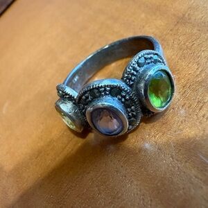 Elegant Silver Ring with Green and Purple Stones